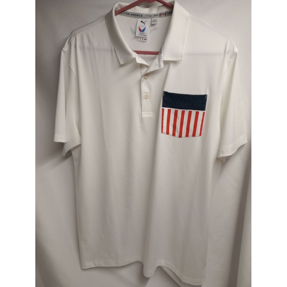 Puma Volition America Polo Shirt Mens Large White American‎ Flag Pocket Golf